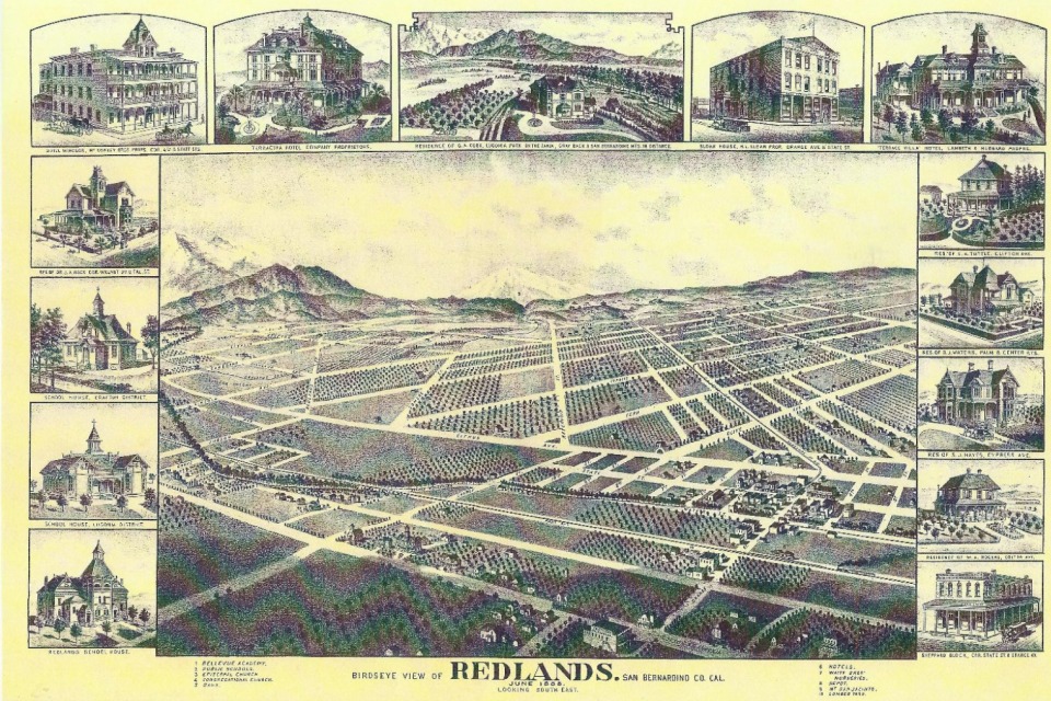 Map of Redlands Valley with Historical Houses pictured around edges