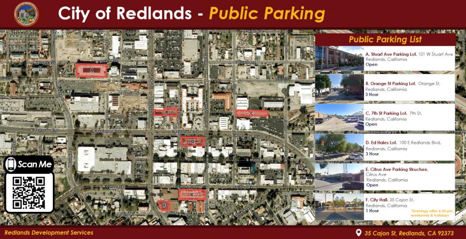 Map displaying free and timed public parking areas throughout the downtown Redlands area