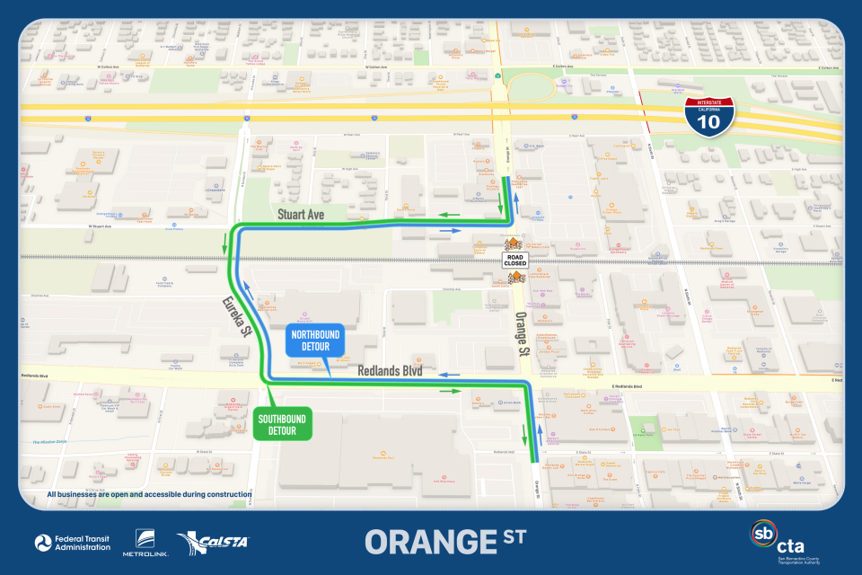 A map displays the detour around a section of Orange Streeet that will be closed for paving. The detour goes west on Redlands Boulevard from Orange Street to Eureka; north on Eureka to Stuart; and east on Stuart to Orange Street. Southbound traffic on Orange Street follow this in the other direction, beginning west on Stuart.